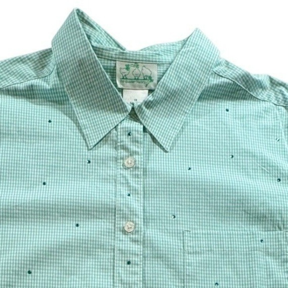 The Quacker Factory Button Down Shirt Womens 1X Aqua Gingham Rhinestone Cotton
